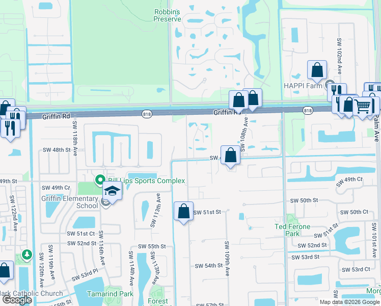 map of restaurants, bars, coffee shops, grocery stores, and more near 4790 Southwest 110th Avenue in Davie