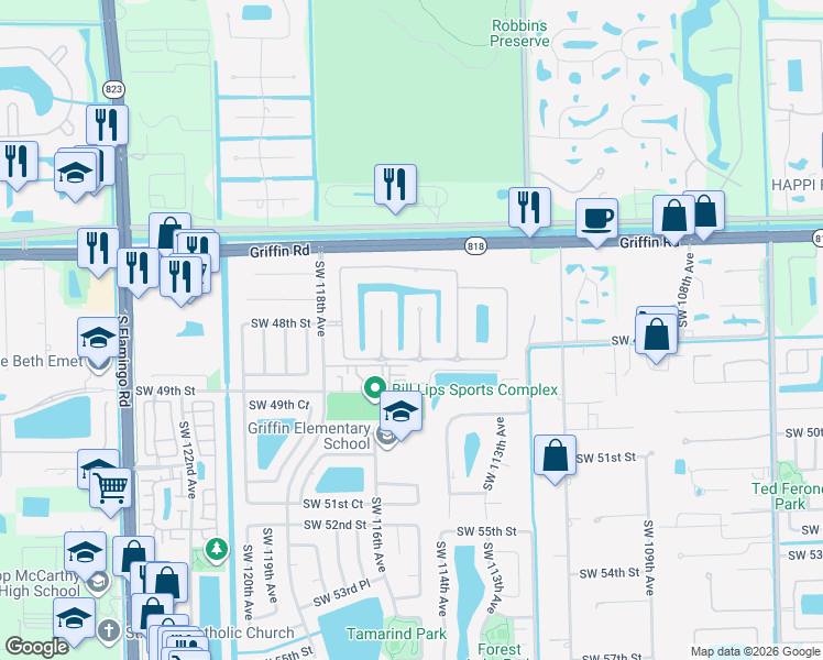 map of restaurants, bars, coffee shops, grocery stores, and more near 4817 Sunkist Way in Cooper City