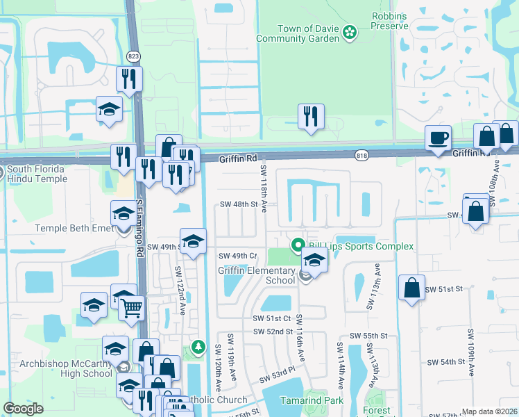 map of restaurants, bars, coffee shops, grocery stores, and more near 4797 Hibbs Grove Terrace in Cooper City