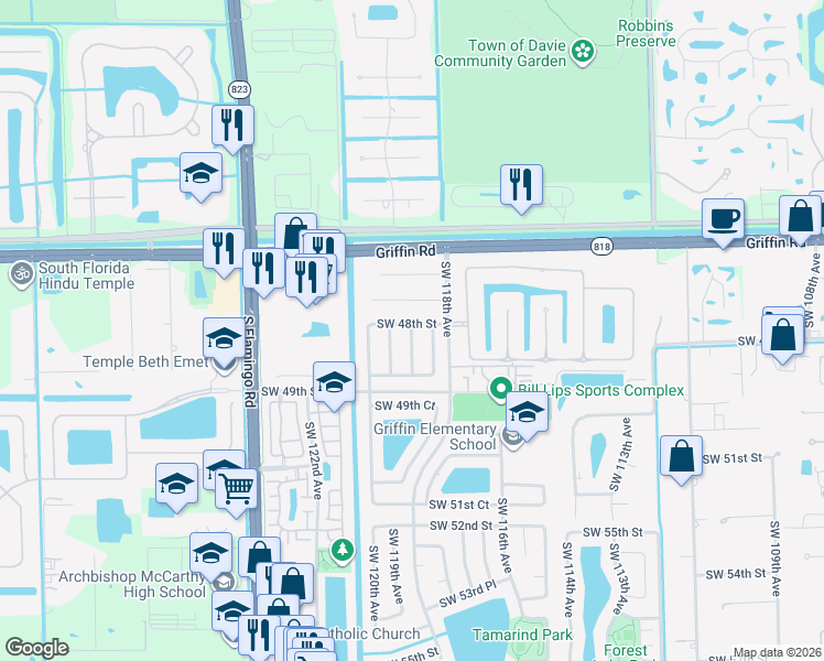 map of restaurants, bars, coffee shops, grocery stores, and more near 11808 Southwest 48th Street in Cooper City