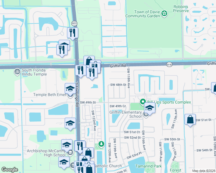map of restaurants, bars, coffee shops, grocery stores, and more near 11910 Southwest 48th Street in Cooper City