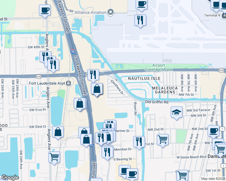 map of restaurants, bars, coffee shops, grocery stores, and more near 13 Highborne Lane in Dania Beach