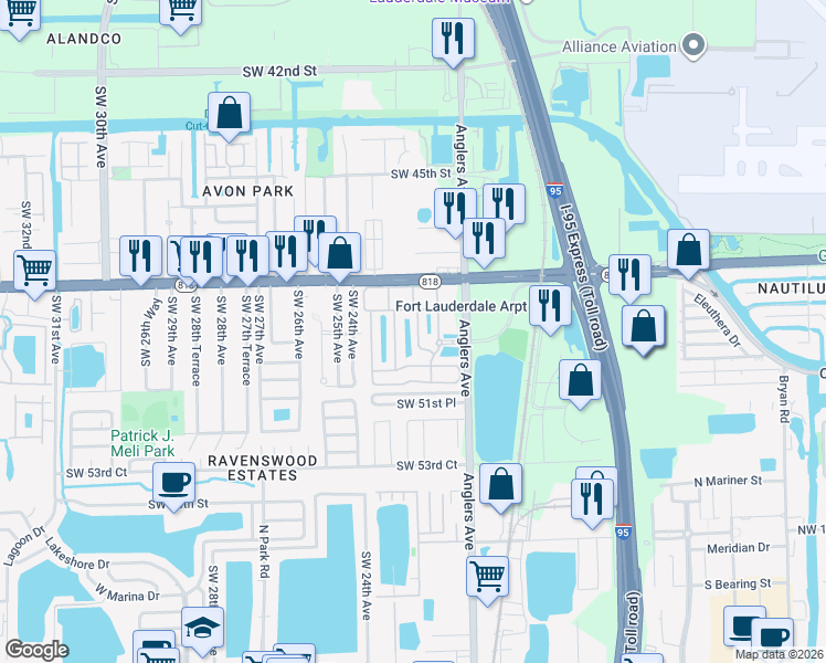 map of restaurants, bars, coffee shops, grocery stores, and more near 4929 Tradewinds Terrace in Fort Lauderdale