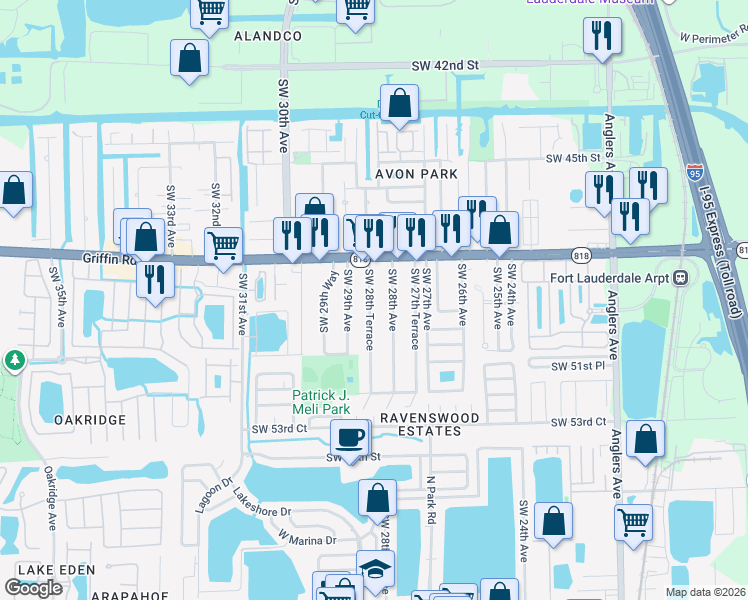 map of restaurants, bars, coffee shops, grocery stores, and more near 4900 Southwest 29th Avenue in Fort Lauderdale