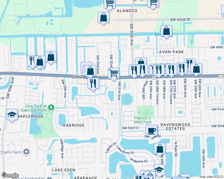 map of restaurants, bars, coffee shops, grocery stores, and more near 3144 Southwest 49th Street in Fort Lauderdale