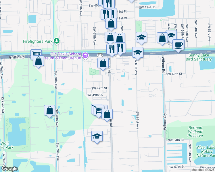 map of restaurants, bars, coffee shops, grocery stores, and more near in Davie