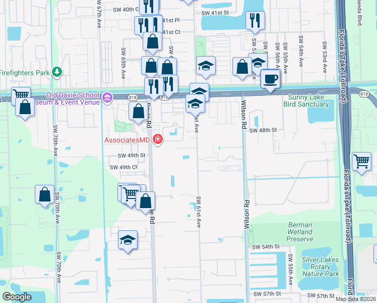 map of restaurants, bars, coffee shops, grocery stores, and more near 6152 Southwest 48th Court in Davie