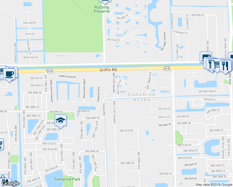map of restaurants, bars, coffee shops, grocery stores, and more near 4790 Southwest 110th Avenue in Davie
