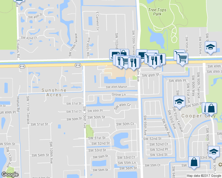 map of restaurants, bars, coffee shops, grocery stores, and more near 10292 Southwest 49th Manor in Cooper City