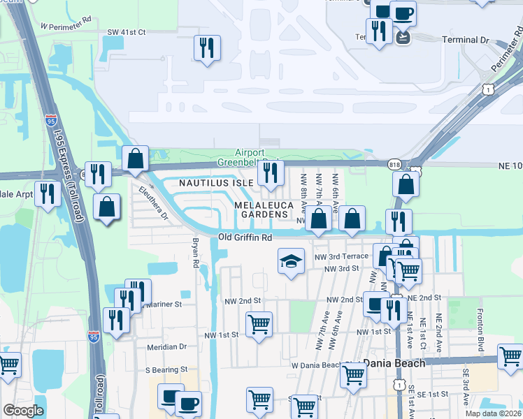 map of restaurants, bars, coffee shops, grocery stores, and more near 789 Northwest 12th Avenue in Dania Beach