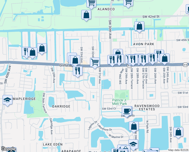 map of restaurants, bars, coffee shops, grocery stores, and more near 3144 Southwest 49th Street in Fort Lauderdale