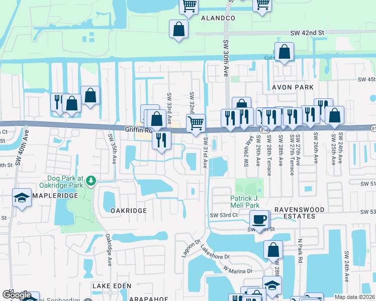 map of restaurants, bars, coffee shops, grocery stores, and more near 3144 Southwest 49th Street in Fort Lauderdale