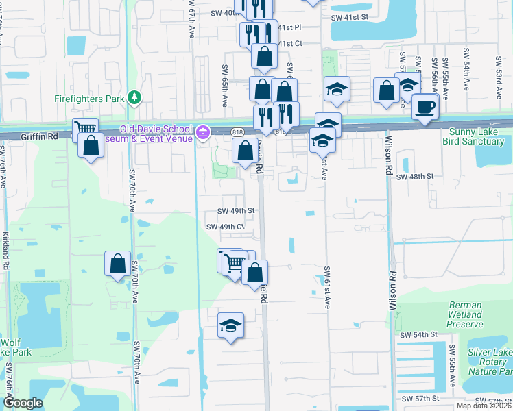 map of restaurants, bars, coffee shops, grocery stores, and more near in Davie