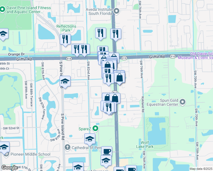 map of restaurants, bars, coffee shops, grocery stores, and more near 4801 South University Drive in Davie