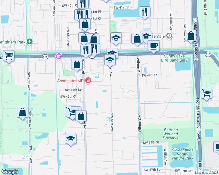 map of restaurants, bars, coffee shops, grocery stores, and more near 4850 Southwest 61st Avenue in Davie
