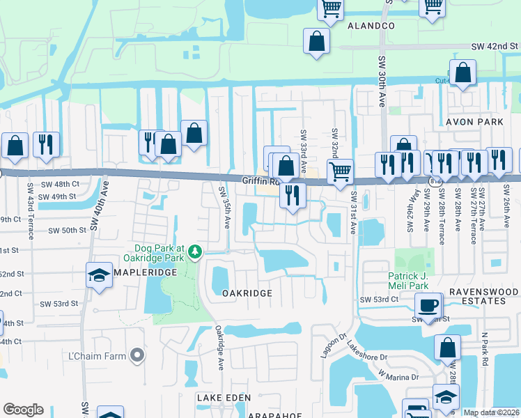 map of restaurants, bars, coffee shops, grocery stores, and more near 4929 Southwest 33rd Way in Fort Lauderdale