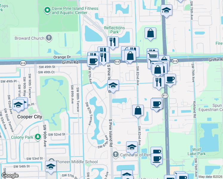 map of restaurants, bars, coffee shops, grocery stores, and more near 4800 South Pine Island Road in Davie