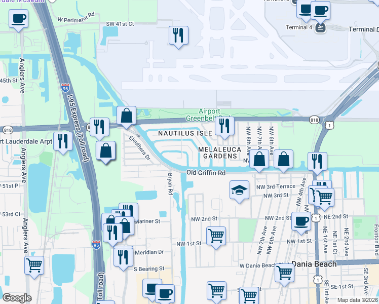 map of restaurants, bars, coffee shops, grocery stores, and more near 825 Argonaut Isle in Dania Beach