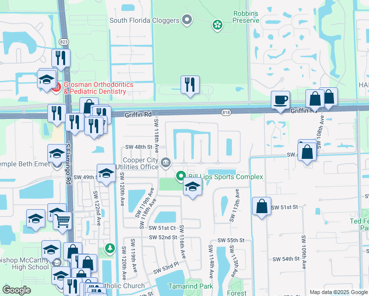 map of restaurants, bars, coffee shops, grocery stores, and more near 4819 Citrus Way in Cooper City