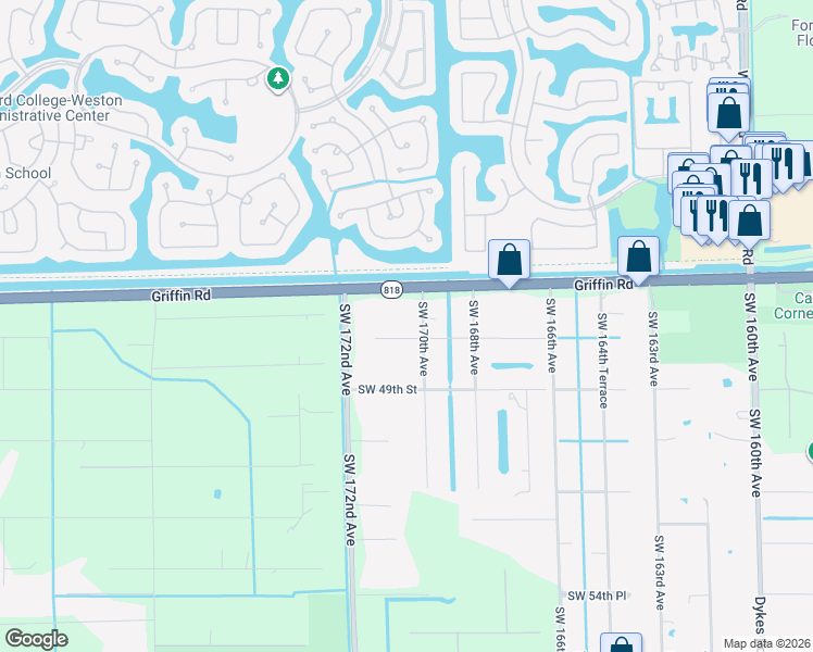 map of restaurants, bars, coffee shops, grocery stores, and more near 17031 Southwest 48th Street in Southwest Ranches