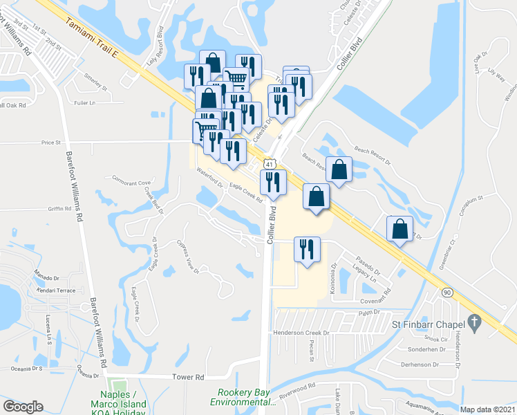 map of restaurants, bars, coffee shops, grocery stores, and more near 6665 Collier Boulevard in Naples