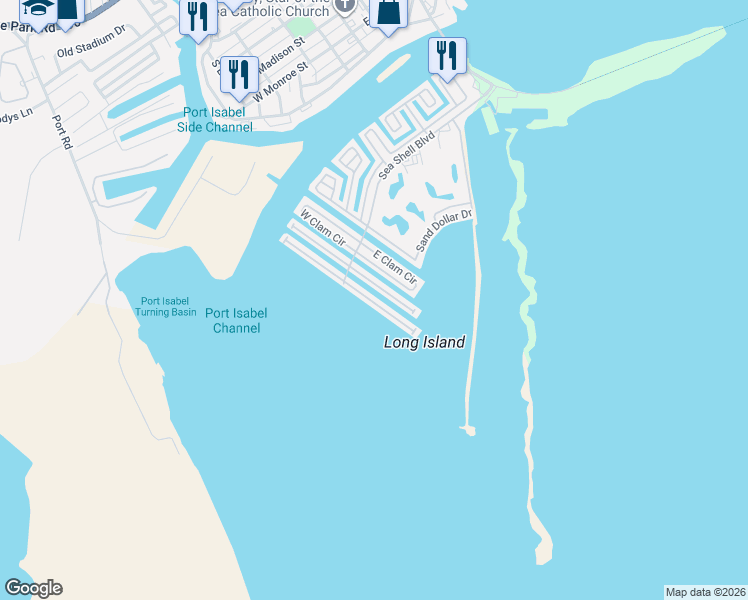 map of restaurants, bars, coffee shops, grocery stores, and more near 72 East Scallop in Port Isabel