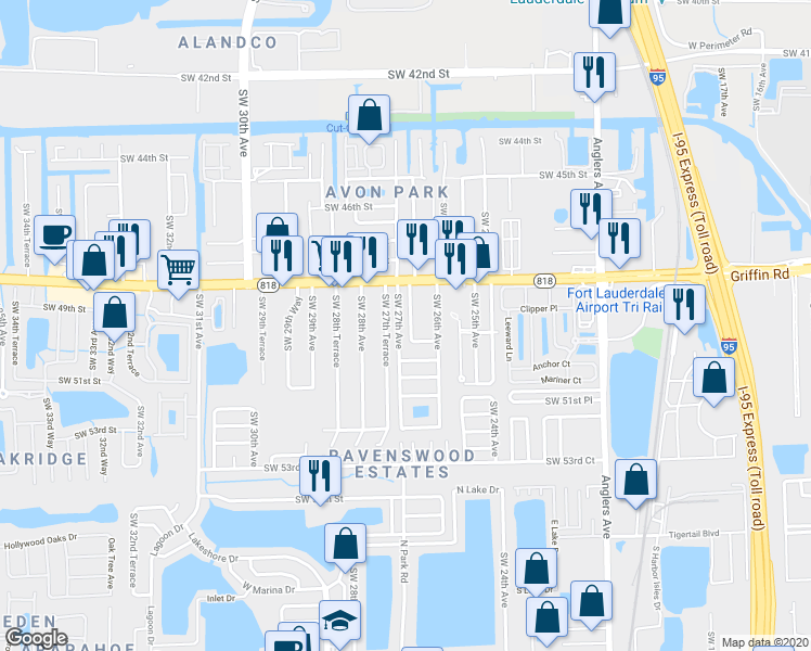 map of restaurants, bars, coffee shops, grocery stores, and more near 4924 Southwest 27th Avenue in Fort Lauderdale