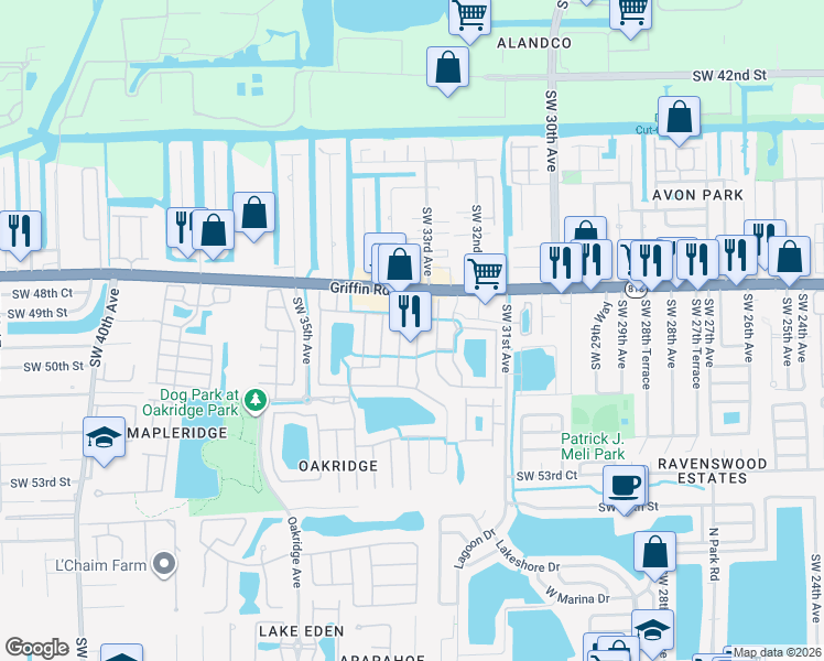 map of restaurants, bars, coffee shops, grocery stores, and more near 4914 Southwest 33rd Avenue in Fort Lauderdale