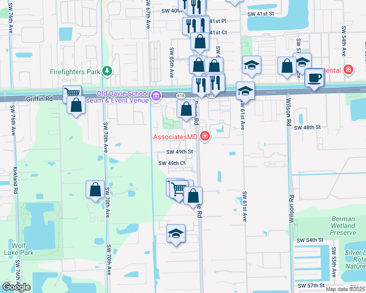 map of restaurants, bars, coffee shops, grocery stores, and more near 4875 Southwest 65th Avenue in Davie