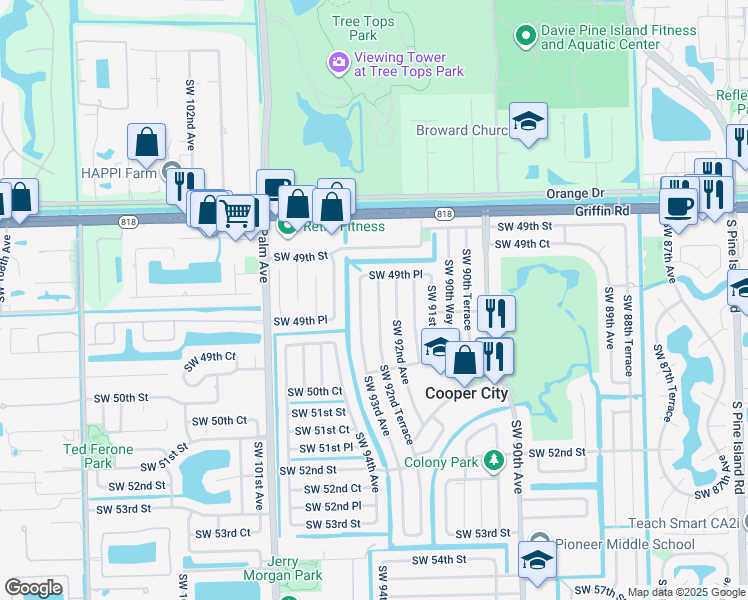 map of restaurants, bars, coffee shops, grocery stores, and more near 4966 Southwest 92nd Terrace in Cooper City