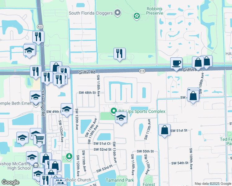 map of restaurants, bars, coffee shops, grocery stores, and more near 4819 Citrus Way in Cooper City