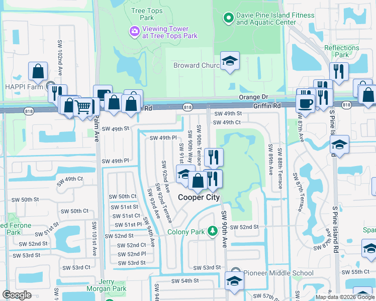 map of restaurants, bars, coffee shops, grocery stores, and more near 4973 Southwest 90th Way in Cooper City