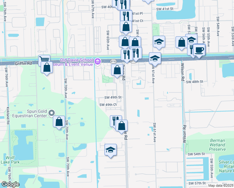 map of restaurants, bars, coffee shops, grocery stores, and more near 4879 Southwest 65th Avenue in Davie