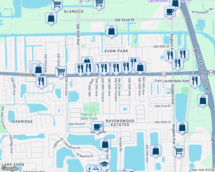 map of restaurants, bars, coffee shops, grocery stores, and more near 4930 Southwest 28th Avenue in Fort Lauderdale