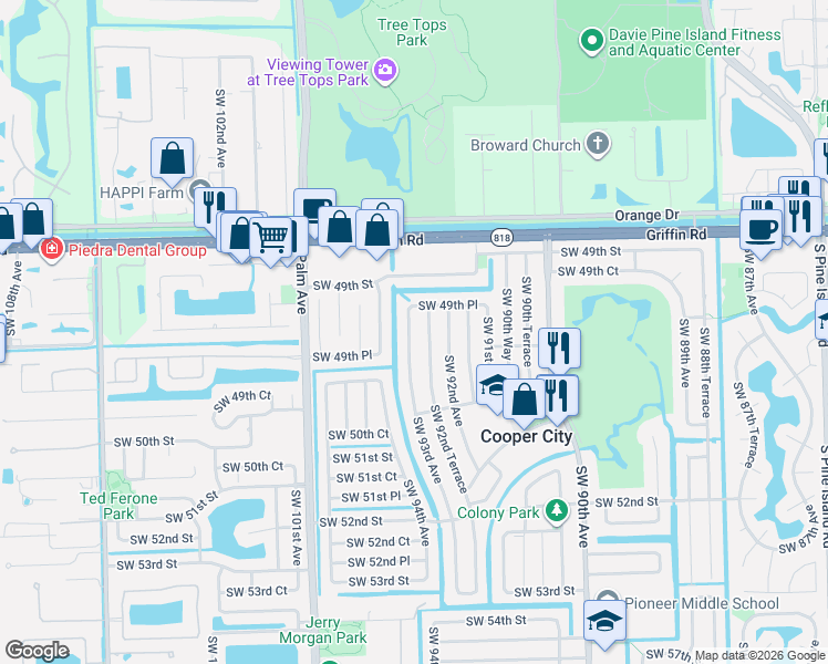 map of restaurants, bars, coffee shops, grocery stores, and more near 4966 Southwest 92nd Terrace in Cooper City