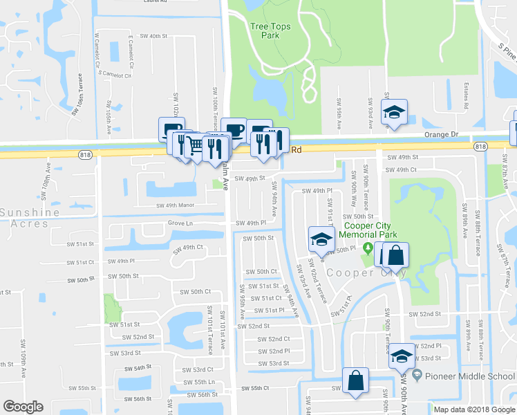 map of restaurants, bars, coffee shops, grocery stores, and more near 4985 Southwest 94th Terrace in Cooper City