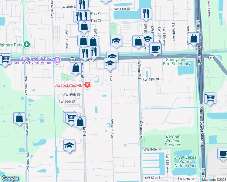 map of restaurants, bars, coffee shops, grocery stores, and more near 4850 Southwest 61st Avenue in Davie