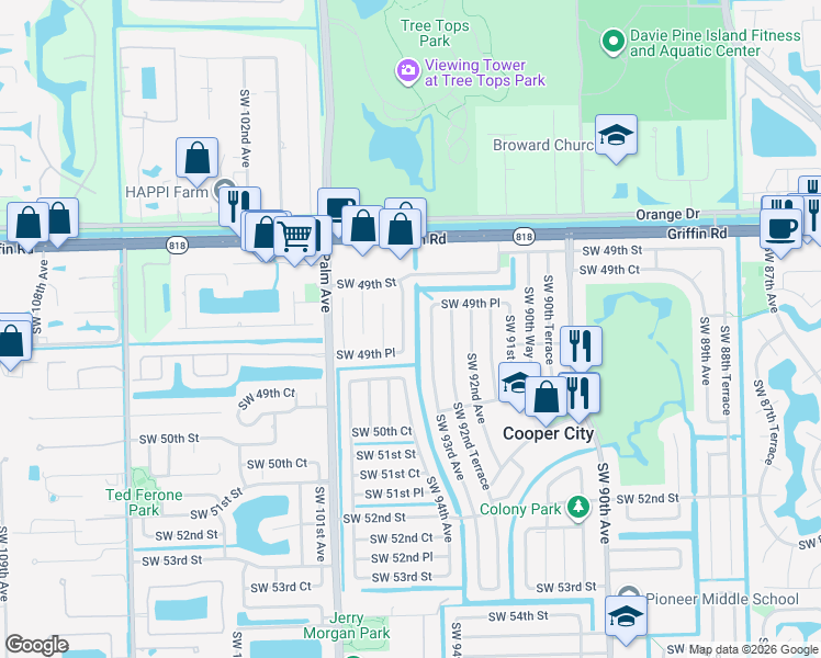 map of restaurants, bars, coffee shops, grocery stores, and more near 4982 Southwest 94th Avenue in Cooper City