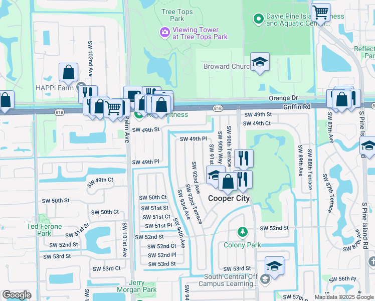 map of restaurants, bars, coffee shops, grocery stores, and more near 4966 Southwest 92nd Terrace in Cooper City