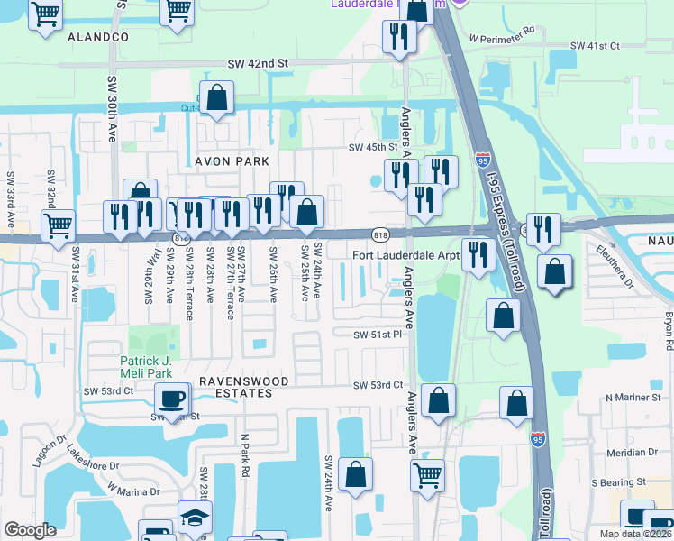 map of restaurants, bars, coffee shops, grocery stores, and more near 4926 Leeward Lane in Fort Lauderdale