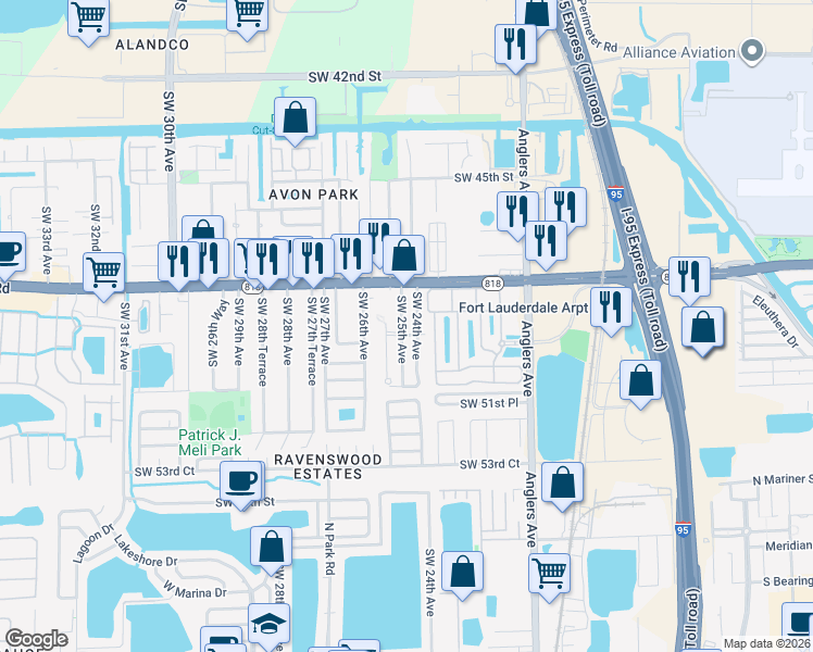 map of restaurants, bars, coffee shops, grocery stores, and more near 4848 Southwest 25th Avenue in Fort Lauderdale