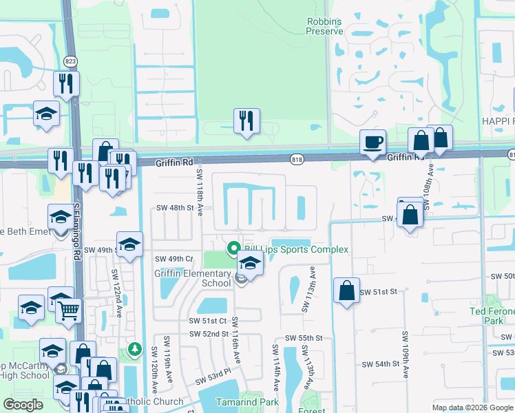 map of restaurants, bars, coffee shops, grocery stores, and more near 4817 Sunkist Way in Cooper City