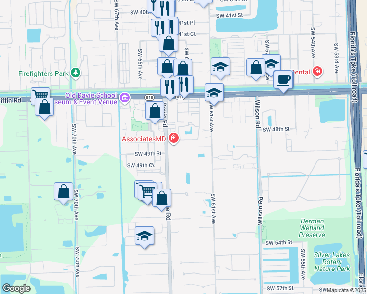 map of restaurants, bars, coffee shops, grocery stores, and more near 47 Lauderdale Manor Drive in Davie