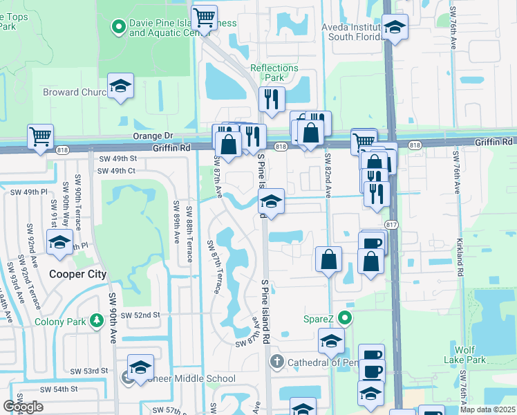 map of restaurants, bars, coffee shops, grocery stores, and more near 8619 Southwest 51st Street in Cooper City