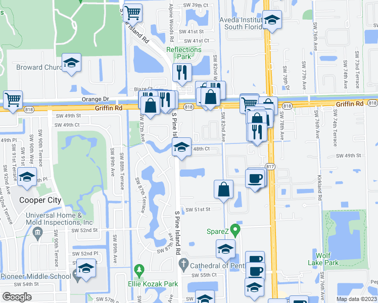 map of restaurants, bars, coffee shops, grocery stores, and more near 4800 South Pine Island Road in Davie
