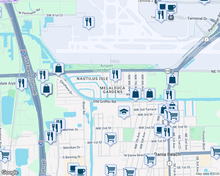 map of restaurants, bars, coffee shops, grocery stores, and more near 789 Northwest 12th Avenue in Dania Beach