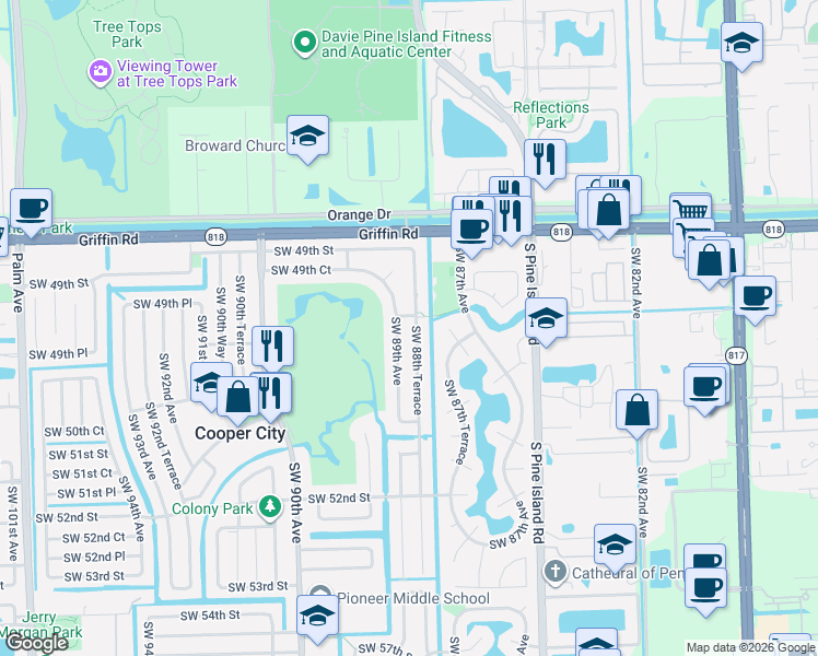 map of restaurants, bars, coffee shops, grocery stores, and more near 5007 Southwest 88th Terrace in Cooper City