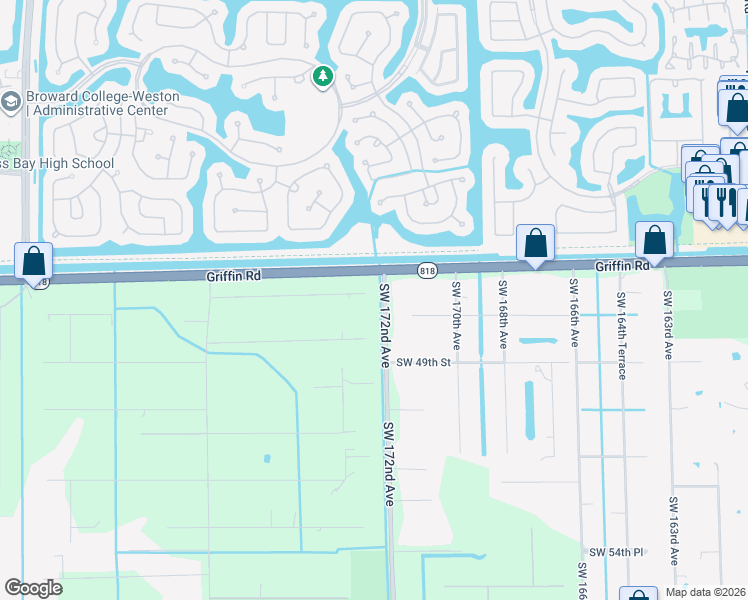 map of restaurants, bars, coffee shops, grocery stores, and more near 17220 Southwest 46th Street in Southwest Ranches