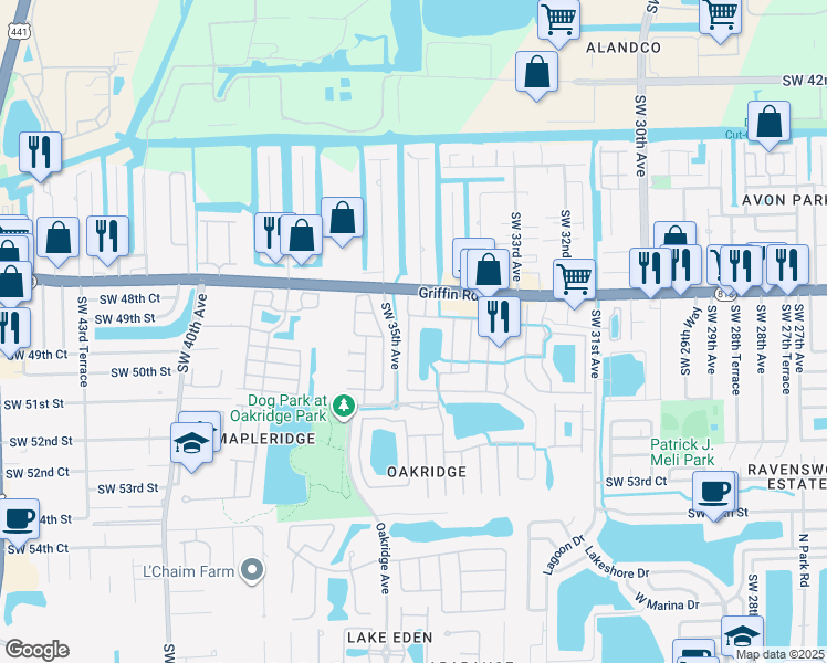 map of restaurants, bars, coffee shops, grocery stores, and more near 4924 Southwest 34th Terrace in Fort Lauderdale