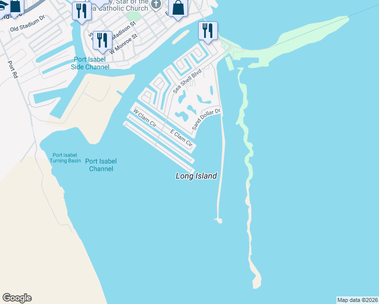 map of restaurants, bars, coffee shops, grocery stores, and more near 693 East Clam Circle in Port Isabel